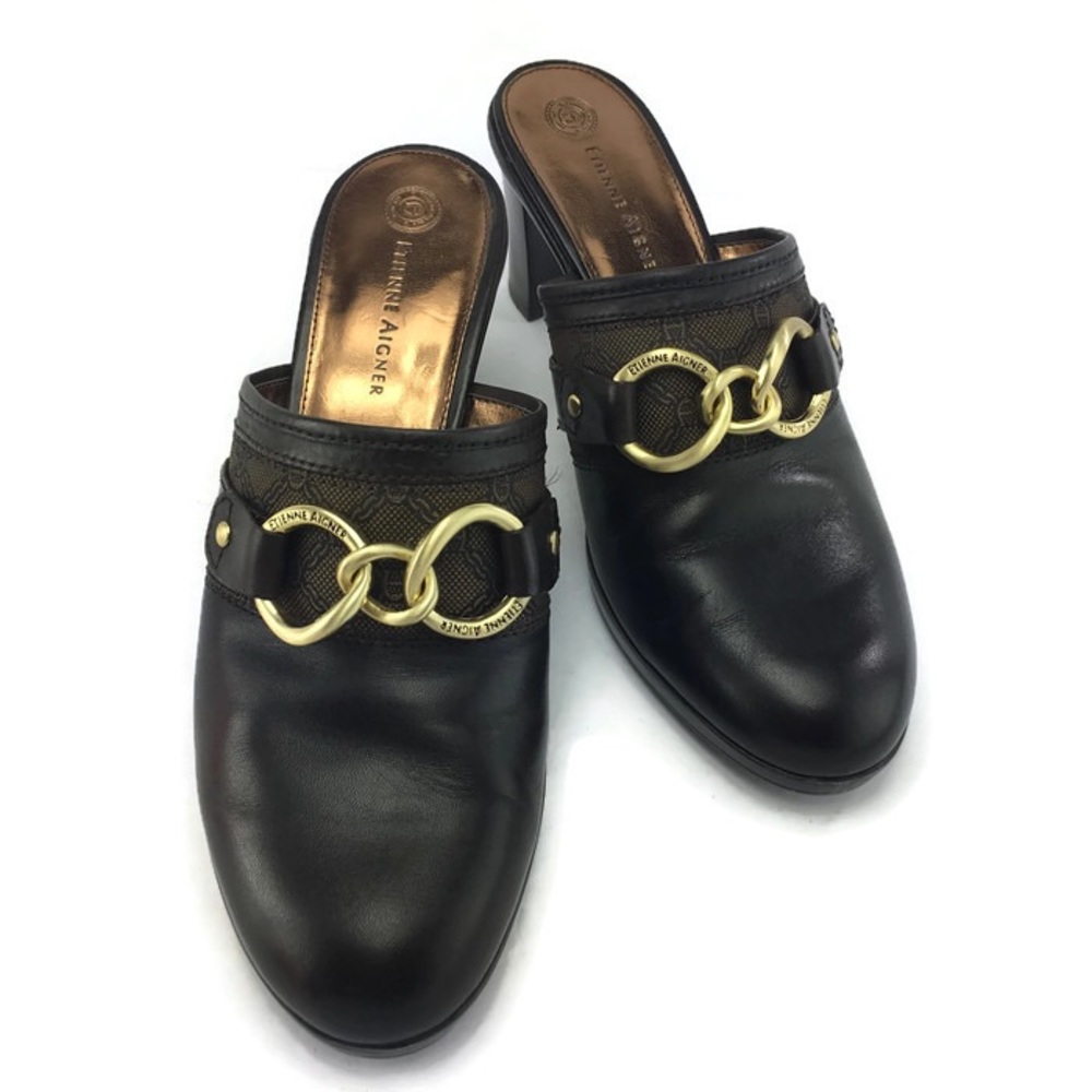 Ettien Aigner Brown Leather Chain Link Accent Mule